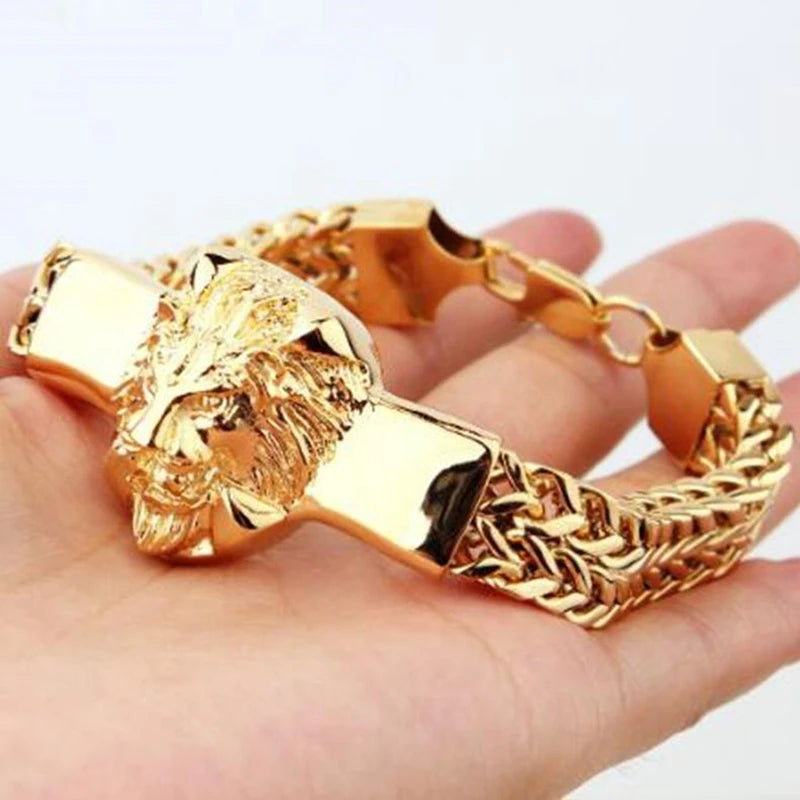 Domineering Lion Head Animal Bracelet Men\\'s Stainless Steel Braided Chain Wristband Bracelet Hip-Hop Trendy Jewelry