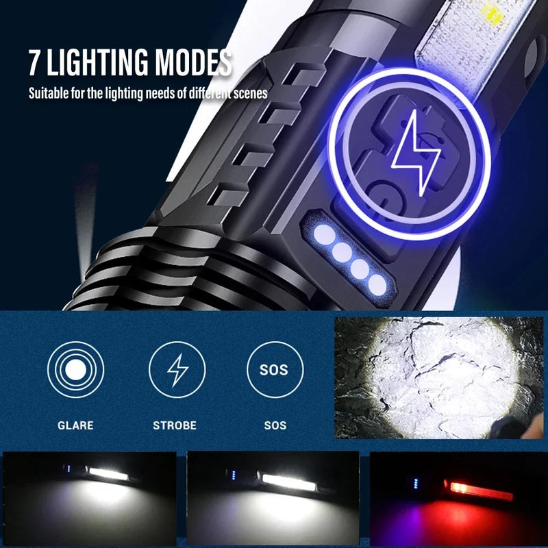 Outdoor Portable Searchlight LED Flashlight USB Charging Built-in 2000 Mah Lithium Battery Long-lasting COB Warning Side Light