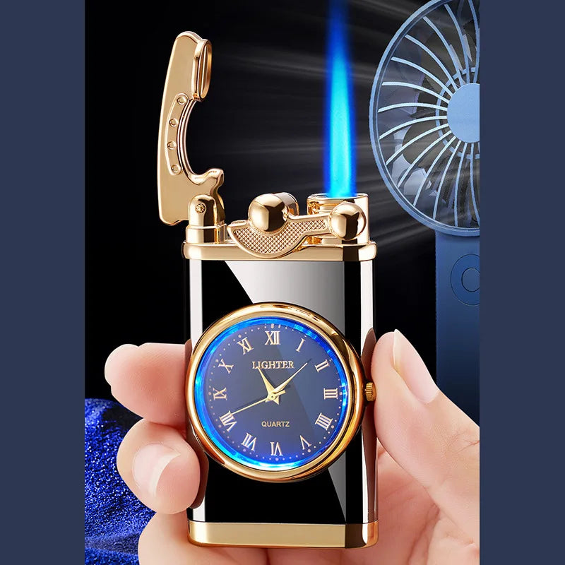 2022 New Rocker Arm Watch Metal Creative Gas Blue Flame Lighters Jet Butane Torch Windproof Cigar Lighter Gadgets Gift for Men